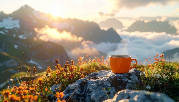 Orange coffee cup on a mountain peak with snowy ranges and misty clouds at sunrise, symbolizing adventure, calm, and nature.
- Powered by Adobe