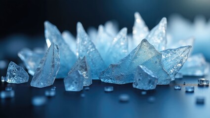 Detailed  showcases delicate translucent crystal formations in various shapes and sizes, arranged against a dark, blurred backdrop, with soft lighting highlighting the textures.