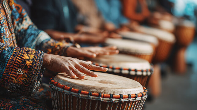 Traditional African drummers performing rhythmic music together during a vibrant cultural Kwanzaa community celebration - Powered by Adobe