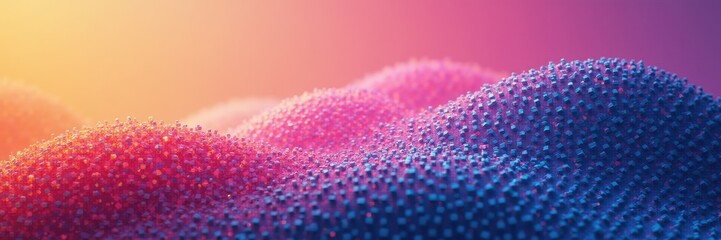 Abstract, colorful landscape featuring three rounded, textured formations of tiny spheres, arranged in a shallow depth of field.
