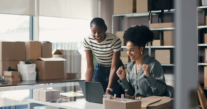 People, cheering and laptop for ecommerce startup with good news, online sales and order success. Excited, women and pc for delivery achievement, shipping deal and celebration of logistics promotion