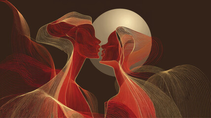 Elegant abstract Valentine&rsquo;s Day artwork of two lovers formed by glowing flowing lines under a warm moonlit sky, perfect for romantic presentations, modern designs