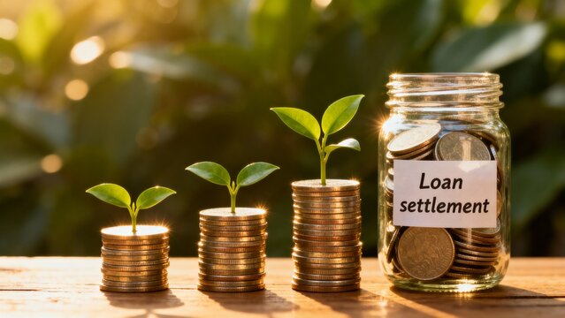 Three ascending stacks of coins with green sprouts beside glass jar labeled loan settlement symbolizing growth savings and prosperity - Powered by Adobe
