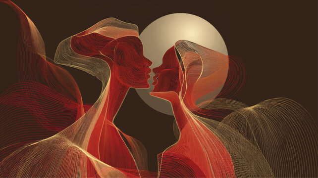 Elegant abstract Valentine&rsquo;s Day artwork of two lovers formed by glowing flowing lines under a warm moonlit sky, perfect for romantic presentations, modern designs