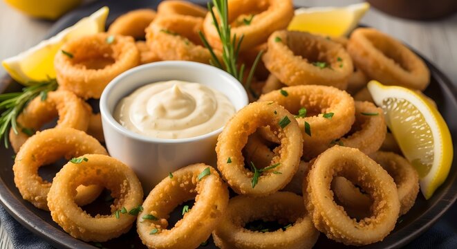 Crispy fried calamari rings recipe with dipping sauce and lemon wedges seafood appetizer delicious food