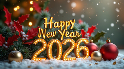 Happy new year text with illuminated year and christmas ornaments on snow ground 4k  and hd image