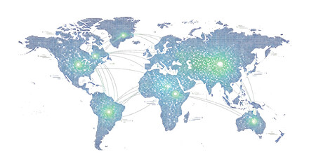 Fototapeta premium Global connectivity map illustrating interconnectedness and information flow across continents through a network of luminous points and lines, symbolizing a digital age of communication