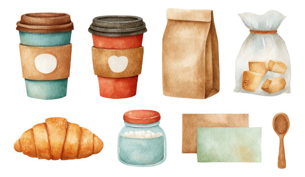 Watercolor Collection of Coffee Cups and Bakery Items on Transparent Background
