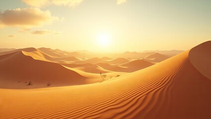 Golden sunlight bathes a vast desert landscape with rolling sand dunes, creating a serene and tranquil atmosphere under a pale blue sky, evoking feelings of warmth and dryness as the sun shines...