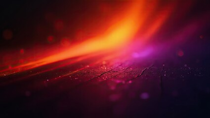 Vibrant abstract background features a luminous display of warm orange and radiant red merging with deep purple and dark blue hues, creating a dynamic and mysterious ambiance with scattered bokeh...