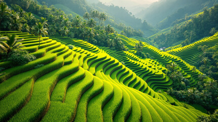 Emerald rice terraces cascade down lush hillsides a peaceful farming harmony on a sunny day sun