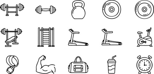 Gym equipment icons for fitness enthusiasts and workout routines in a scalable vector style, perfect for health and wellness brands wanting a modern fitness look
