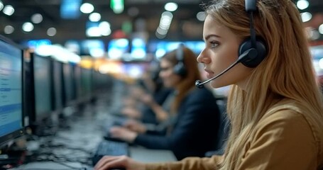 Young woman at call center assisting customers online - Powered by Adobe