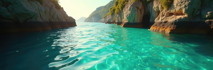 Obraz premium Tranquil turquoise water gently flows between towering rock formations and lush green hills under a bright sunny sky, creating a picturesque natural landscape scene.