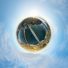 Istanbul, Turkey. Dawn over the Golden Horn, aerial view with Halic Metro Bridge, Bosphorus strait, and skyline of the historic peninsula. 360 degree aerial panoramic asteroid