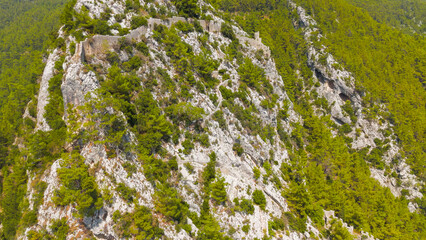 Cakallar, Alanya, Turkey. Drone footage of Alara Castle medieval architecture and stone construction details from above. Aerial View