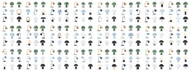 Fototapeta premium Minimalist vector seamless pattern of modern interior lighting fixtures, showcasing various styles of desk and table lamps on a white background.