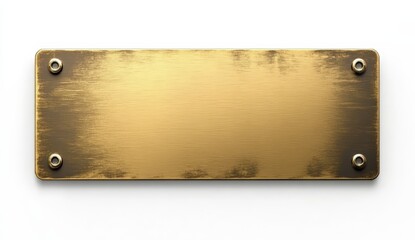A blank, gold-colored metal plaque with a brushed texture and rounded edges, featuring four screws for mounting.
