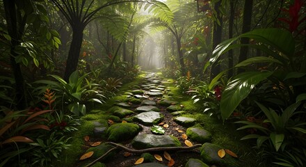 Lush jungle path photography of tropical rainforest with green foliage and natural stone pathway view