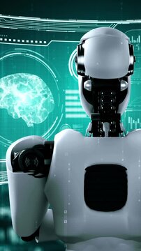 Thinking AI hominoid robot analyzing hologram screen showing concept of AI brain and artificial intelligence thinking by machine learning process. 3D rendering.