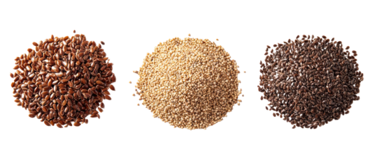 Three piles of flax sesame sunflower seeds side by side overhead on transparent background
