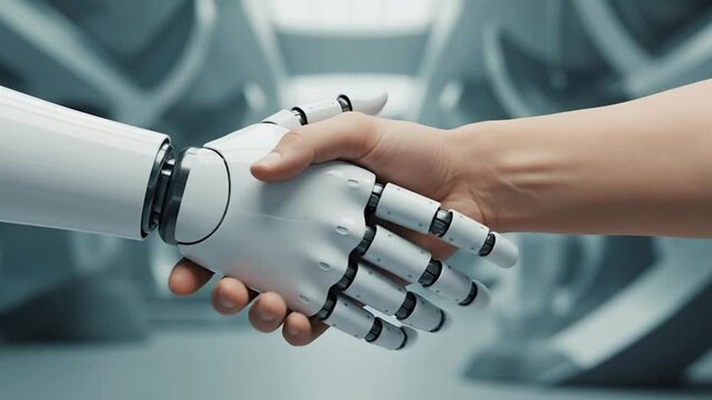 Human and Robot collaboration handshake showing future partnership technology innovation - Powered by Adobe