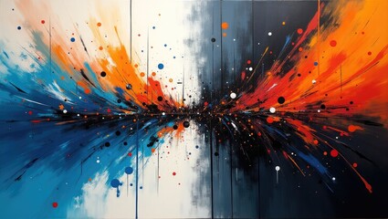 Dynamic abstract artwork displays a vibrant explosion of color, featuring splattered paint and contrasting hues of blue, orange, and red with a dark center, showcasing artistic expression and...