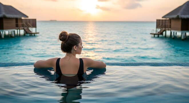 Concept of Rest, Woman Relaxing in Infinity Pool Overlooking Ocean at Sunset, Vacation and Travel Inspiration
