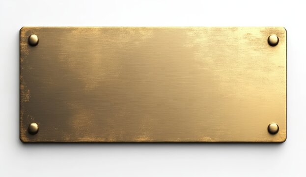A simple, metallic gold plaque with a brushed texture, featuring rounded edges and two screws, set against a plain background. - Powered by Adobe