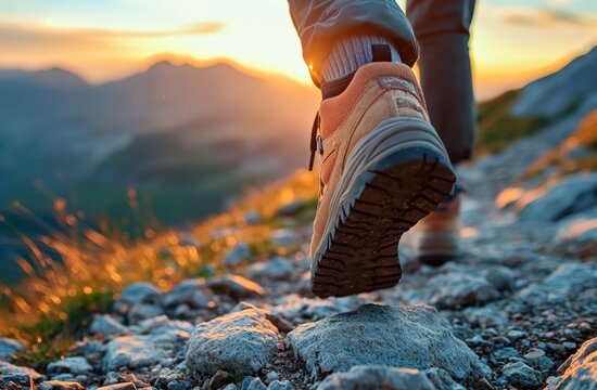 A person hiking on a rocky trail during sunset, showcasing outdoor adventure and nature's beauty. - Powered by Adobe