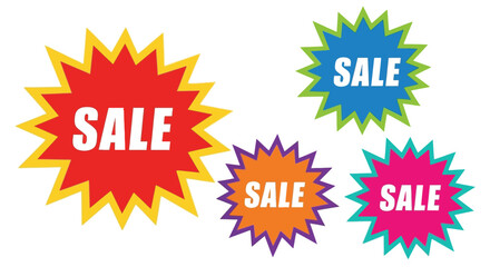 Colorful starburst sale banners with prominent white text for promotions