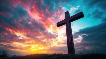 Christian cross silhouette against dramatic colorful cloudy sky symbolizing faith spirituality hope and inspiration