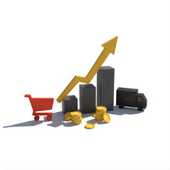 3D bar chart showing e-commerce growth with dark bars, a red shopping cart, gold coins, and a black delivery truck, symbolizing retail success.
