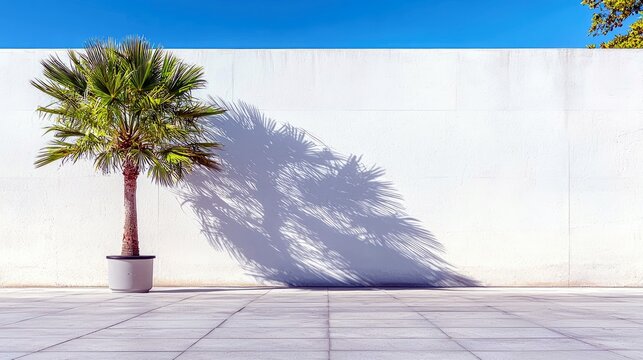 A single potted palm tree stands in front of a textured white wall, its shadow stretching across the surface and the tiled ground.