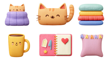 Cute and Colorful Cartoon Cat Art Collection with Cozy Objects and Accessories