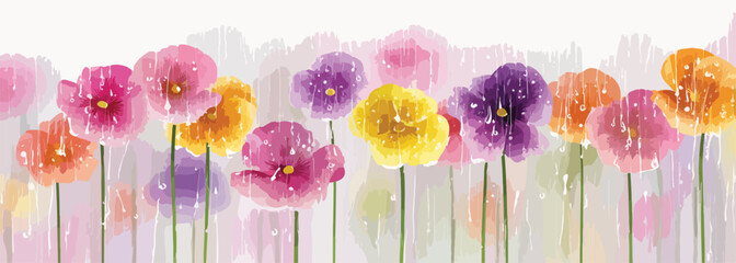 다양한 색상의 수채화 팬지 꽃들이 부드러운 배경에 피어나는 모습