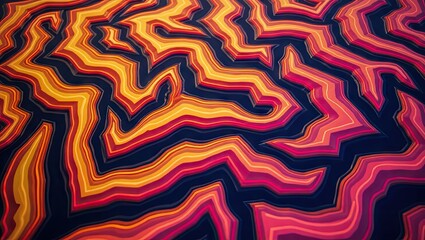 Abstract illustration depicts a layered, undulating surface with vibrant bands of color that weave and wind across the composition.