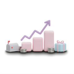 Cute 3D pastel bar chart showing growth with pink bars, a purple arrow, silver coins, a gift box, and a mailbox, symbolizing e-commerce and marketing returns.