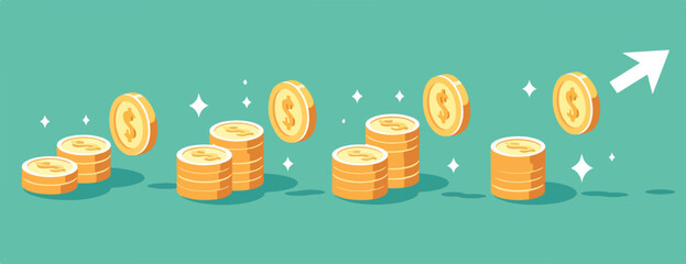 성장하는 동전 더미와 상승 화살표가 있는 밝은 비즈니스 성장 일러스트
