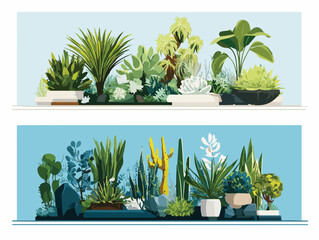 다양한 실내 식물들이 조화롭게 배치된 벡터 일러스트레이션, 자연과 도시 생활의 조화