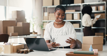 Happy woman, documents or logistics with laptop for small business startup or invoice in store....