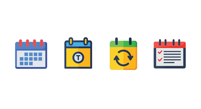 A collection of colorful calendar and scheduling icons for organization and timekeeping