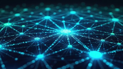 Glowing teal network of connected nodes with radiating connections forming a complex digital web, demonstrating a futuristic technological landscape on a dark, blurred background, emphasizing data...