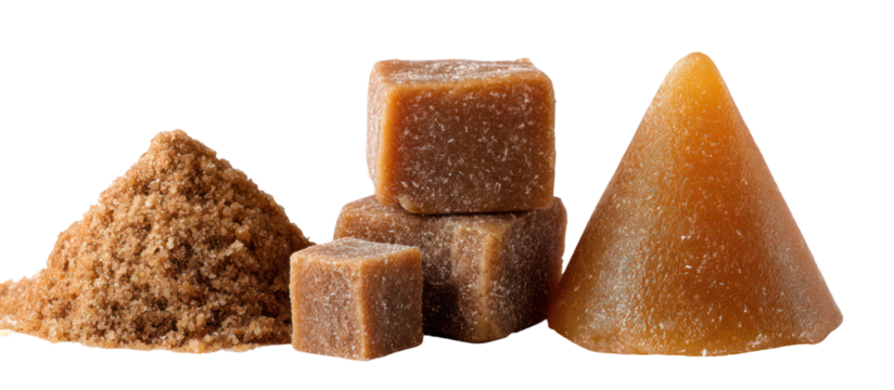 Three piloncillo cones and cubes isolated on transparent background