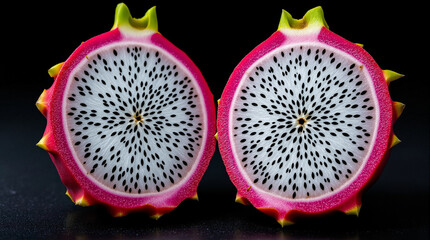 The exotic allure of sliced dragon fruit showcases nature s unique patterns against a clean black