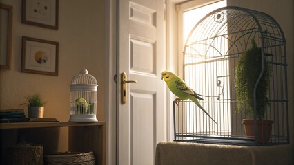Cheerful parakeet perched proudly on its cage near a sunny window