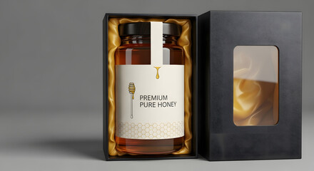 Elegant glass bottle with amber liquid and minimalist label in a decorative gift box