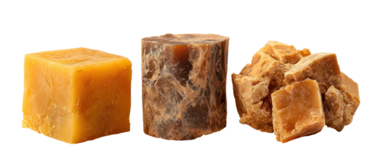 Three piles of jaggery in square, disk, and hexagonal shapes side by side on transparent background