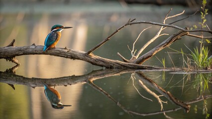 Stunning kingfisher perched on a branch reflected in calm water