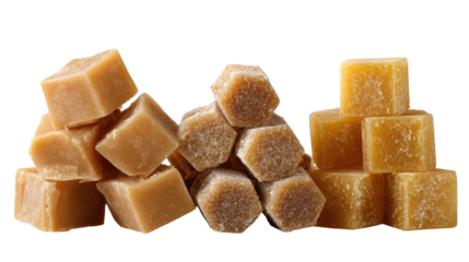 Three piles of jaggery in square, disk, and hexagonal shapes side by side on transparent background